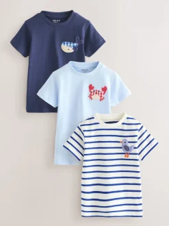 Next Animal de la mer bleu marine - Lot de 3 t-shirts appliqués à manches courtes (3mois7ans) Outlet