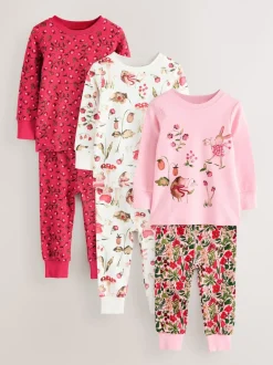 Next Applique Fleuri Rouge/Rose - Lot de 3 pyjamas Snuggle (9mois-9ans) Clearance