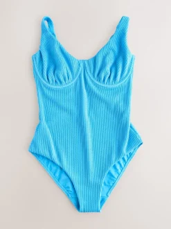 Next - Maillot de bain DD+ à armatures avec contrôle du ventre Aqua bleu froissé Outlet