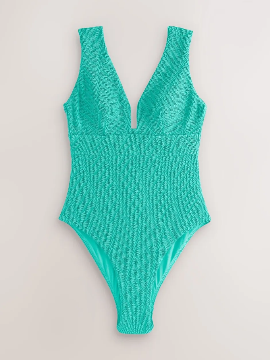Next - Maillot de bain plongeant et galbant avec contrôle du ventre Aqua Vert Effet froissé Texturé Sale