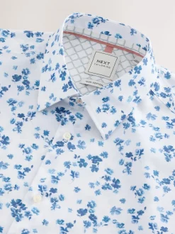 Next Aquarelle blanc/bleu fleuri - Chemise formelle imprimée 100% coton à manches longues et poignets simples Clearance