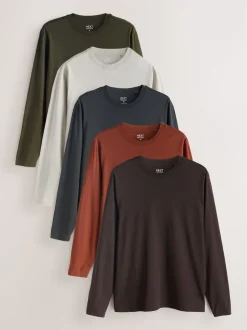 Next Ardoise/vert/écru/orange/marron - Ajustement régulier - T-shirt à coupe classique à manches longues en coton 100 %, lot de 5 New