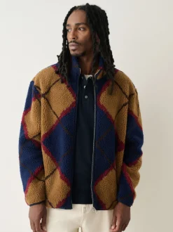 Next Argyle bleu marine/marron fauve - Zippé sur toute la longueur - Polaire imprimée Clearance