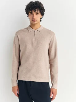 Next - Col zippé - Polo N.premium en maille à manches longues haut de gamme à manches longues Avoine Sale