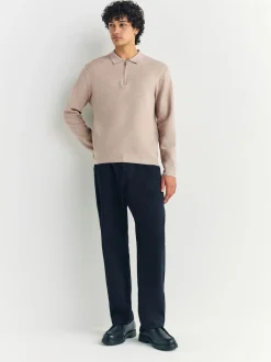 Next - Col zippé - Polo N.premium en maille à manches longues haut de gamme à manches longues Avoine Sale