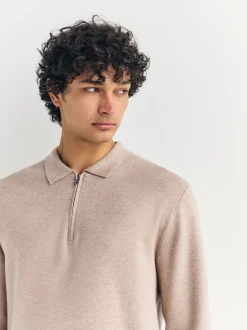 Next - Col zippé - Polo N.premium en maille à manches longues haut de gamme à manches longues Avoine Sale