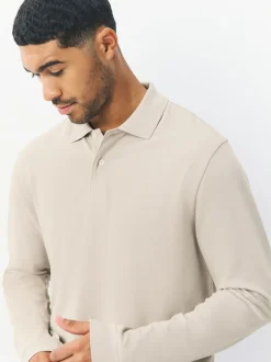 Next - Ajustement régulier - Polo à manches longues en piqué Avoine écru Discount