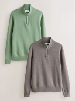 Next Beige Sable foncé/Vert sauge - Lot de 2 pulls N. Premium 100% coton Coupe classique Premium Quarter Zip Hot