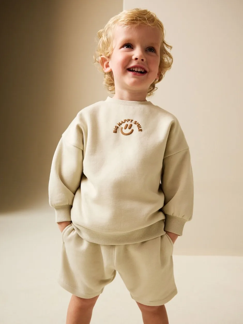 Next Beige Sable grand sourire heureux - Ensemble Sweat à col ras du cou et short (3mths-7yrs) Best