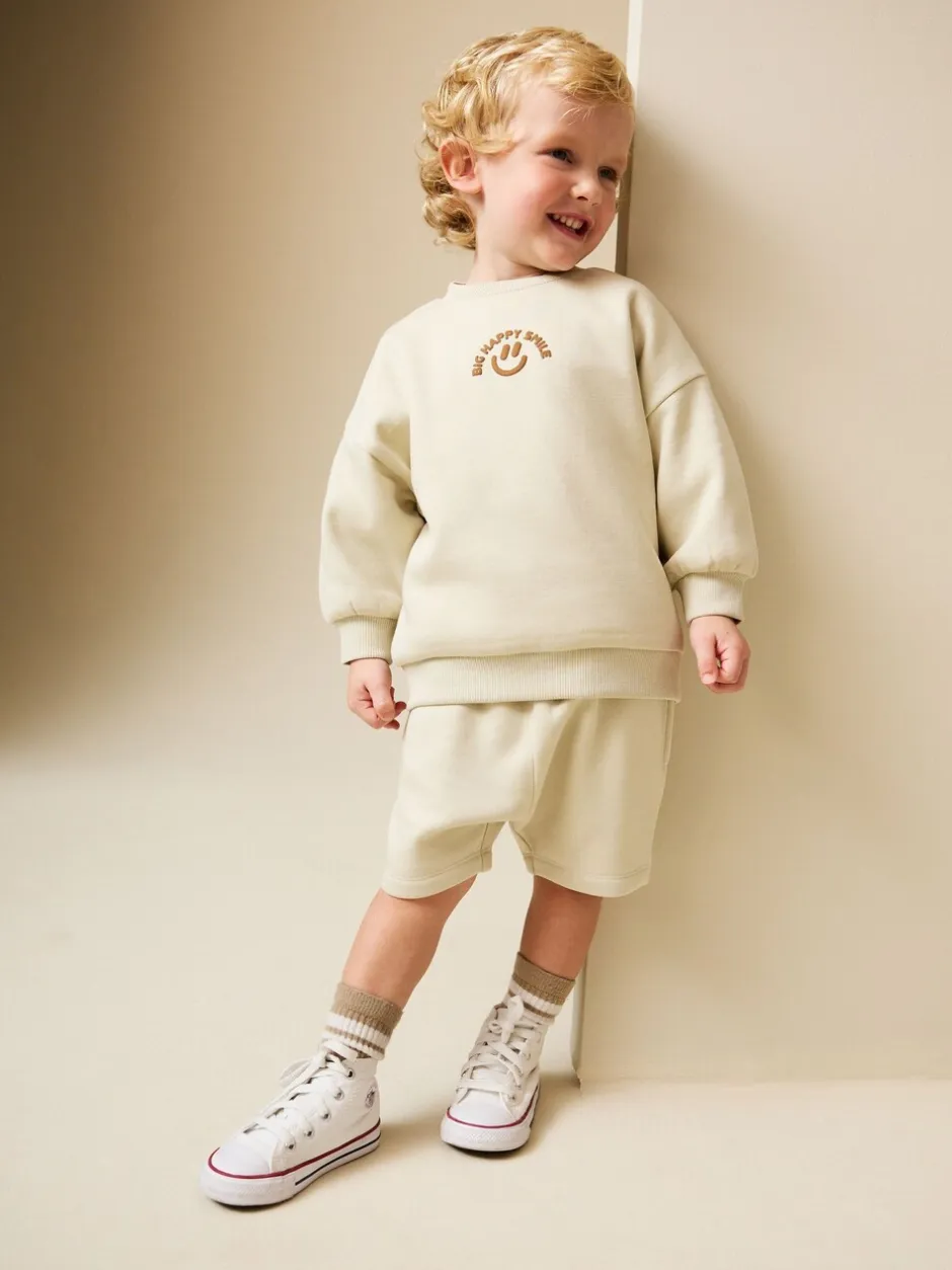 Next Beige Sable grand sourire heureux - Ensemble Sweat à col ras du cou et short (3mths-7yrs) Best