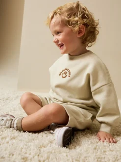 Next Beige Sable grand sourire heureux - Ensemble Sweat à col ras du cou et short (3mths-7yrs) Best