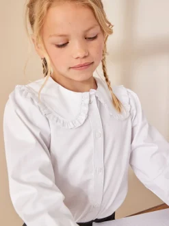 Next Blanc - Chemisier scolaire à manches longues en coton extensible haut de gamme à volants (3-14ans) Online