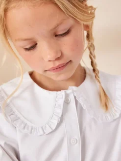 Next Blanc - Chemisier scolaire à manches longues en coton extensible haut de gamme à volants (3-14ans) Online