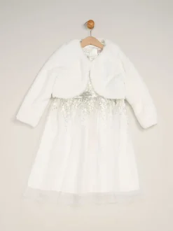 Miss Blanc - Ensemble robe Waterfall à sequins et boléro en fausse fourrure Clearance