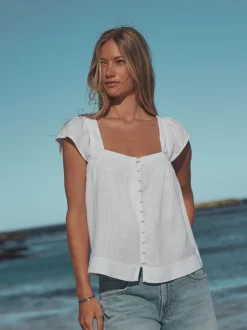 Next Blanc - Haut boutonné à manches évasées avec lin Hot