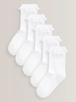 Next Blanc - Lot de 5 chaussettes d’école à semelle rembourrée en coton majoritaire et volants Online