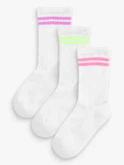 Next - Lot de 3 paires de chaussettes de sport pour l'école enrichies en coton matelassées Blanc à rayures fluorescentes Clearance