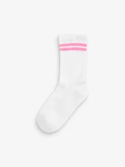 Next - Lot de 3 paires de chaussettes de sport pour l'école enrichies en coton matelassées Blanc à rayures fluorescentes Clearance