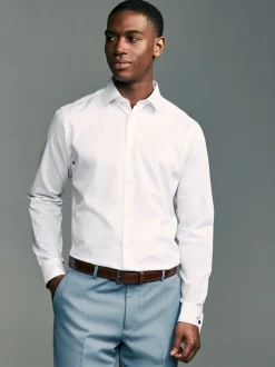 Next Blanc - Slim Fit (Slim Fit) - Chemises de nuit texturées à double poignet et d'entretien facile New