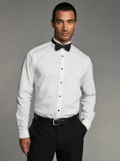 Next Blanc - Slim Fit (Slim Fit) - Textured Double Cuff Manches longues Chemises With Col cassé And Nœud papillon Lot Hot