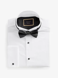 Next Blanc - Slim Fit (Slim Fit) - Textured Double Cuff Manches longues Chemises With Col cassé And Nœud papillon Lot Hot