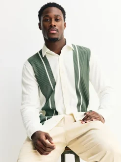 Next Blanc / Vert sauge - Chemise rayée en jersey Manches courtes