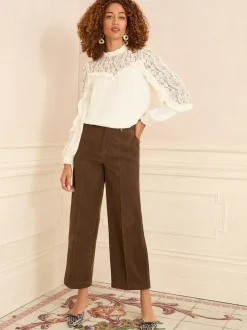 Love & Roses Blanc écru - Chemisier Manches longues à Col rond avec empiècement en dentelle Best