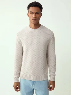 Next Blanc écru - Pull à col rond en coton riche à torsades coupe classique Sale