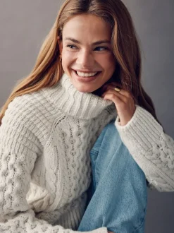 Next Blanc écru - Pull long torsadé à col roulé en laine New