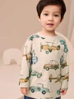 Next Blanc motif transport - T-shirt imprimé manches longues 100% coton (3mois-7ans) New