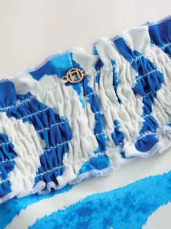 Next Blanc/Bleu zèbre - Bas de bikini froncé à jambes montantes New