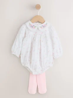 Next - Ensemble de barboteuses Bébé Bloomer 2 pièces avec collants (0mois-3ans) Blanc/rose à petites fleurs Hot