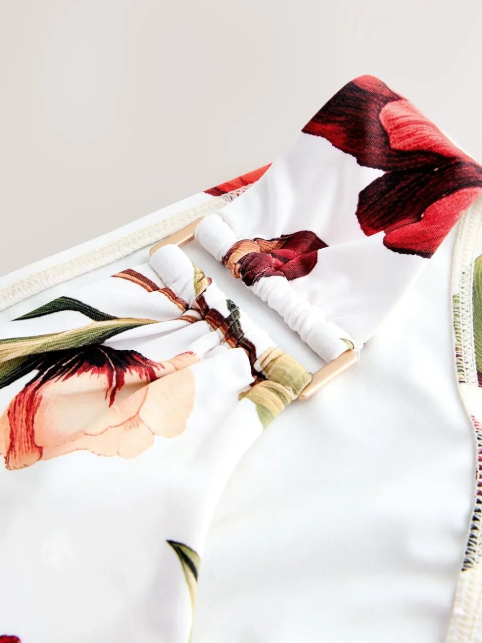 Next Blanc/Rouge Fleuri - Bas de bikini avec éléments métalliques Hot