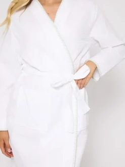 Loungeable - Peignoir gaufré 100% coton Blanc/Vert