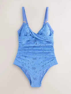 Next - Maillot de bain moulant avec contrôle du ventre Bleu à broderies New