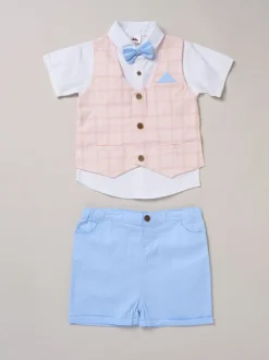 Little Gent Bleu - Chemise 100% coton avec gilet simulé et ensemble nœud papillon New