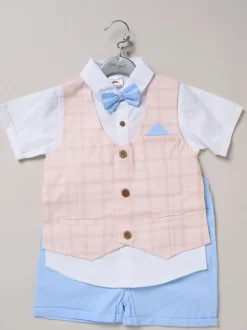 Little Gent Bleu - Chemise 100% coton avec gilet simulé et ensemble nœud papillon New