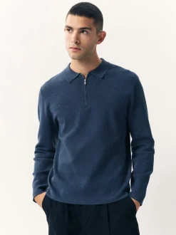 Next - Col zippé - Polo N.premium en maille à manches longues haut de gamme à manches longues Bleu Sale