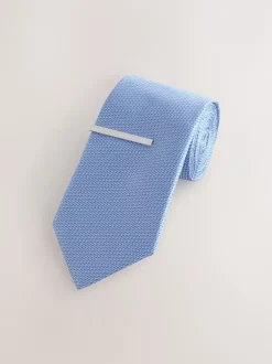 Next - Cravate texturée avec pince à cravate Bleu Clearance