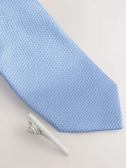 Next - Cravate texturée avec pince à cravate Bleu Clearance