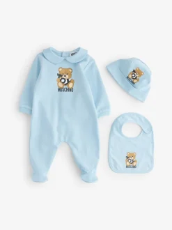 Moschino Bleu - Dors-bien bébé à logo, bonnet et bavoir avec coffret cadeau Sale