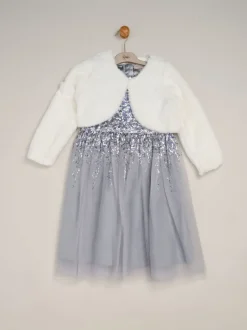 Miss Bleu - Ensemble robe Waterfall à sequins et boléro en fausse fourrure Discount