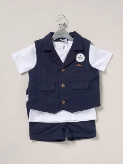 Little Gent Bleu - Ensemble chemise, gilet et short 100% coton Discount