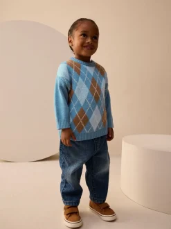 Next Bleu à losanges - Pull en coton à col rond en maille (3mois -7ans) New