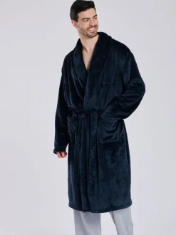 Loungeable Bleu - Robe de chambre à col châle en polaire coupe Gaufré