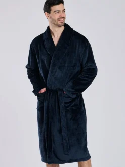 Loungeable Bleu - Robe de chambre à col châle en polaire coupe Gaufré