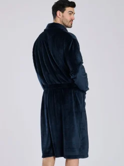 Loungeable Bleu - Robe de chambre à col châle en polaire coupe Gaufré