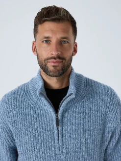 Next Bleu - Pull Coupe classique texturé en maille à col zippé avec laine Clearance