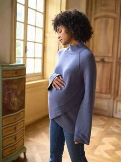 Seraphine Bleu - Pull de grossesse et d’allaitement à col roulé en cachemire mélangé haut de gamme Outlet