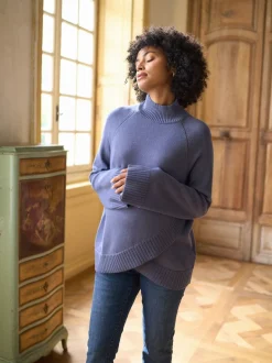 Seraphine Bleu - Pull de grossesse et d’allaitement à col roulé en cachemire mélangé haut de gamme Outlet